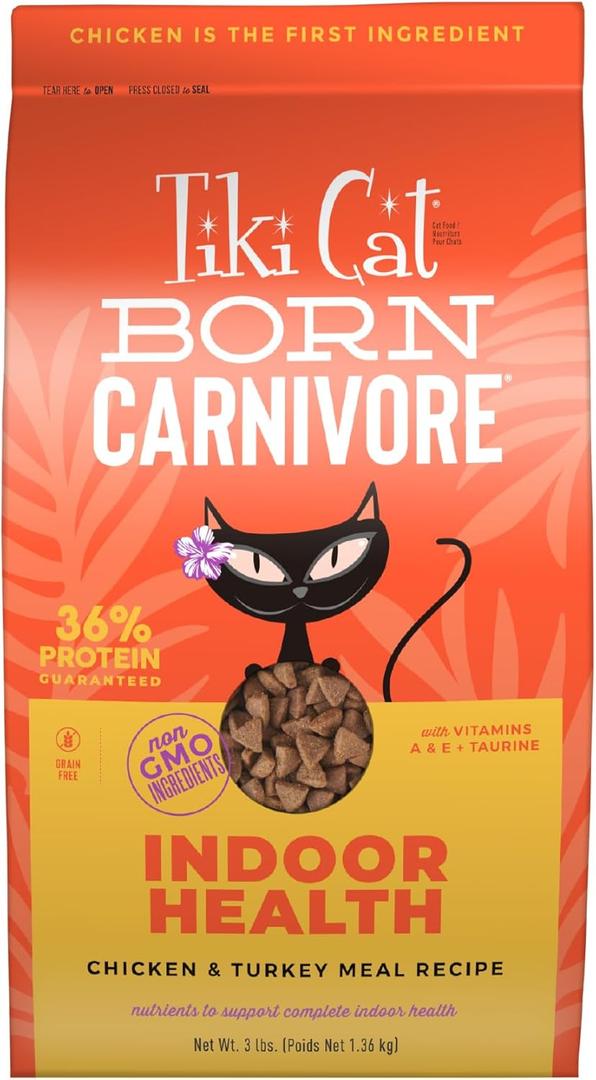Tiki Cat Born Carnivore High Protein, Indoor Health, Chicken and Turkey Meal Recipe, Grain-Free Baked Kibble to Maximize Nutrients, Dry Cat Food, 3 lb. Bag, BB: OCT 06 27