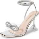 DREAM PAIRS Stiletto Bow Heels for Women Strappy Sparkly Rhinestone Square Toe Clear Crystal High Sandals for Party Wedding (9, Silver)
