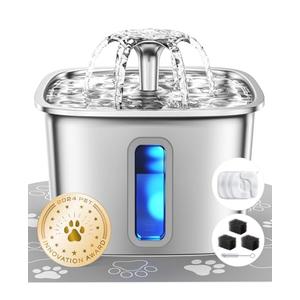 Veken Innovation Award Winner Stainless Steel Cat Water Fountain, 95oz/2.8L Automatic Pet Fountain Dog Water Dispenser with Replacement Filters & Silicone Mat, Gifts for Cats, Dogs (Silver)
