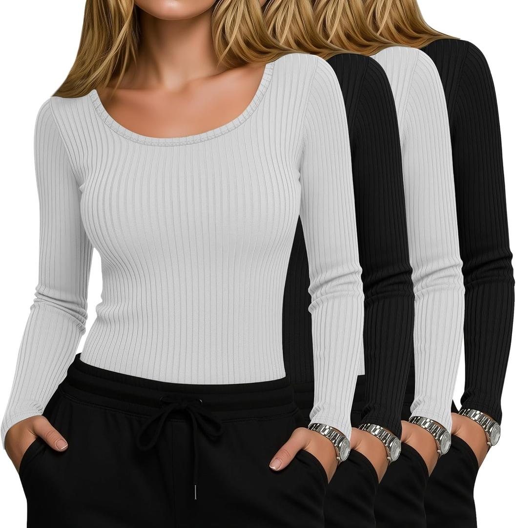 4 Pack Womens Underscrub Shirts, Ribbed Cotton Scrub Tops Long Sleeve Scoop Neck Tees Slim Fit Basic Layer Shirts (Medium, White, Black, White, Black)
