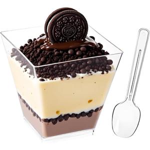 50Pack 8oz Plastic Dessert Cups with Spoons, Clear Mini Square Parfait Yogurt Cups, Appetizer Pudding Shooter Fruit Trifle Ice Cream Mousse Cup for Party (8 oz)
