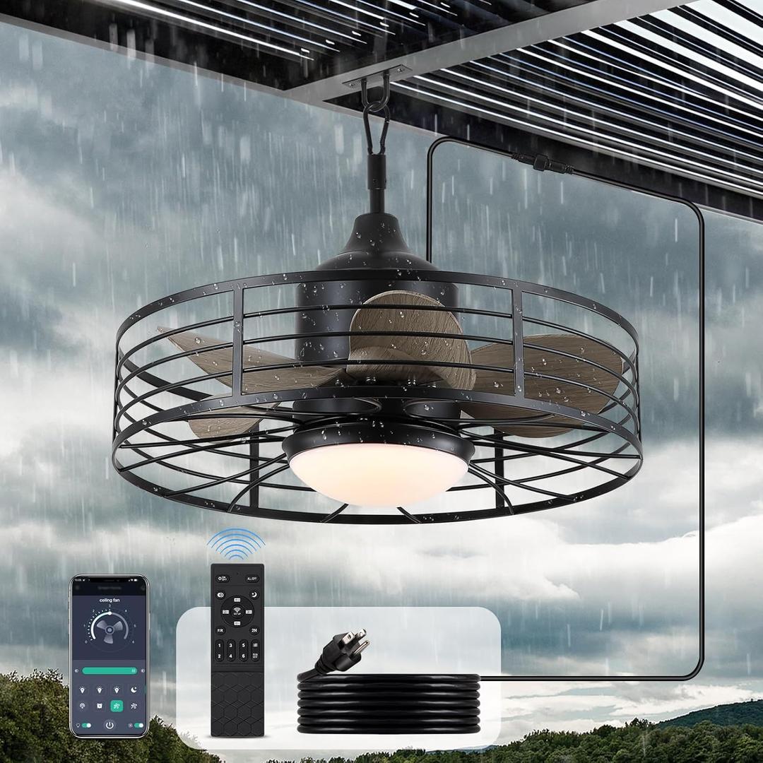 jazimar Outdoor Caged Ceiling Fan with Lights, 20" Waterproof Plug-in Fixtures, App/Remote Control, 3 Color Temperatures LED, 6 Speed Reversible DC Motor, for Indoor Farmhouse Porch Patios