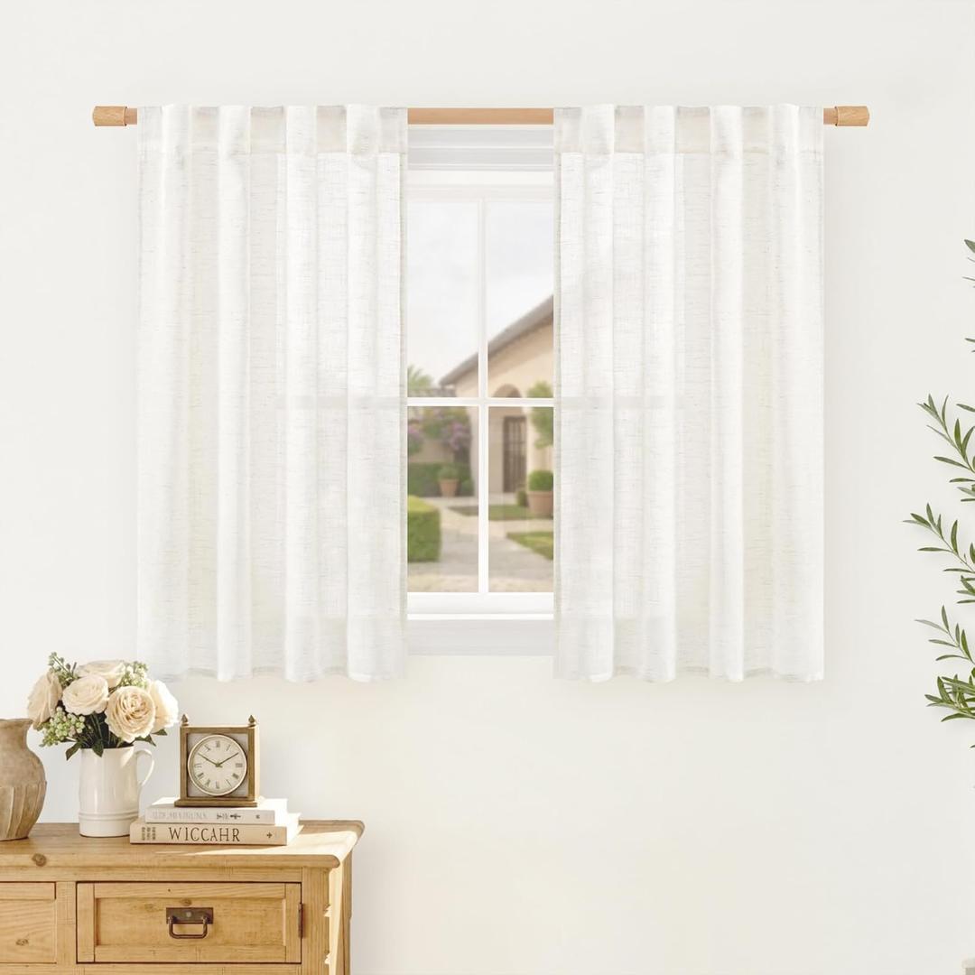 LAMIT 40 Inch Sheer Linen Curtains for Kitchen Windows Over Sink, Cream Ivory Light Filtering Drapes Back Tab and Rod Pocket Neutral Panels for Bathroom/Cafe/Basement, 2 Panels, 34 x 40 Inch (Natural)