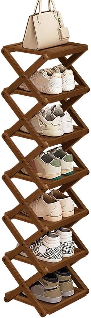 7 Tier Foldable Shoe Rack, Natural Bamboo Space Saving Shoe Storage Organizer,Easy Assembly & Strong Design Shoes Stand Shelf Organiser for Closet(Brown, Seven Layers)