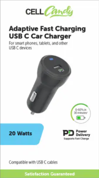 Cell Candy Adaptive Fast Charging USB-C car Charger for any USB-C devices 20 Watts