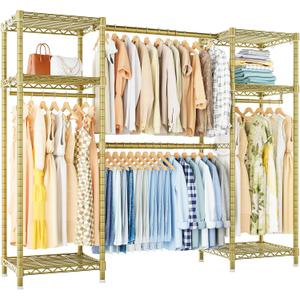 Ulif E7 Garment Rack, Heavy Duty Clothes Storage System with Extendable Hangers Rods, Metal Clothing Rack with 6 Wire Shelves, (52.3"-72") W x 14.5" D x 71.2" H, Load 838lbs, Gold