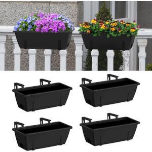 YBING Railing Planter Box 4 Pack Window Boxes Planter with Adjustable Brackets Deck Railing Hanging Flower Boxes 16.9 Inches Balcony Planters Black Fence Hanging planters for Outdoor