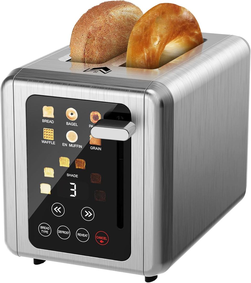 Touch screen Toaster 2 slice,Stainless Steel Digital Timer Toasters with Sound Function,6 Bread Types & 6 Shade Settings,Smart Extra Wide Slots Toaster with Bagel,Defrost Functions,Grey