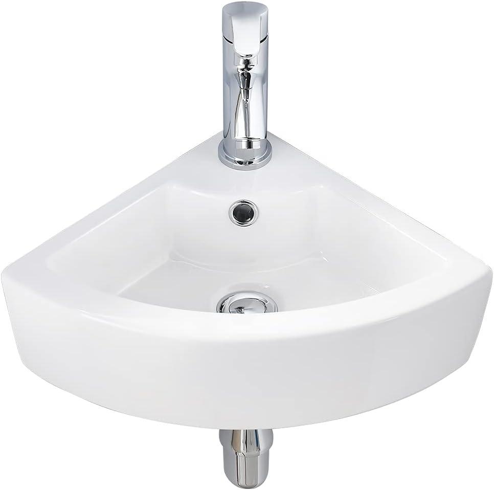 Small Corner Bathroom Sink - White Triangle Porcelain Ceramic Wall Mount Vessel Sink, Above Counter Design with Single Faucet Hole & Overflow