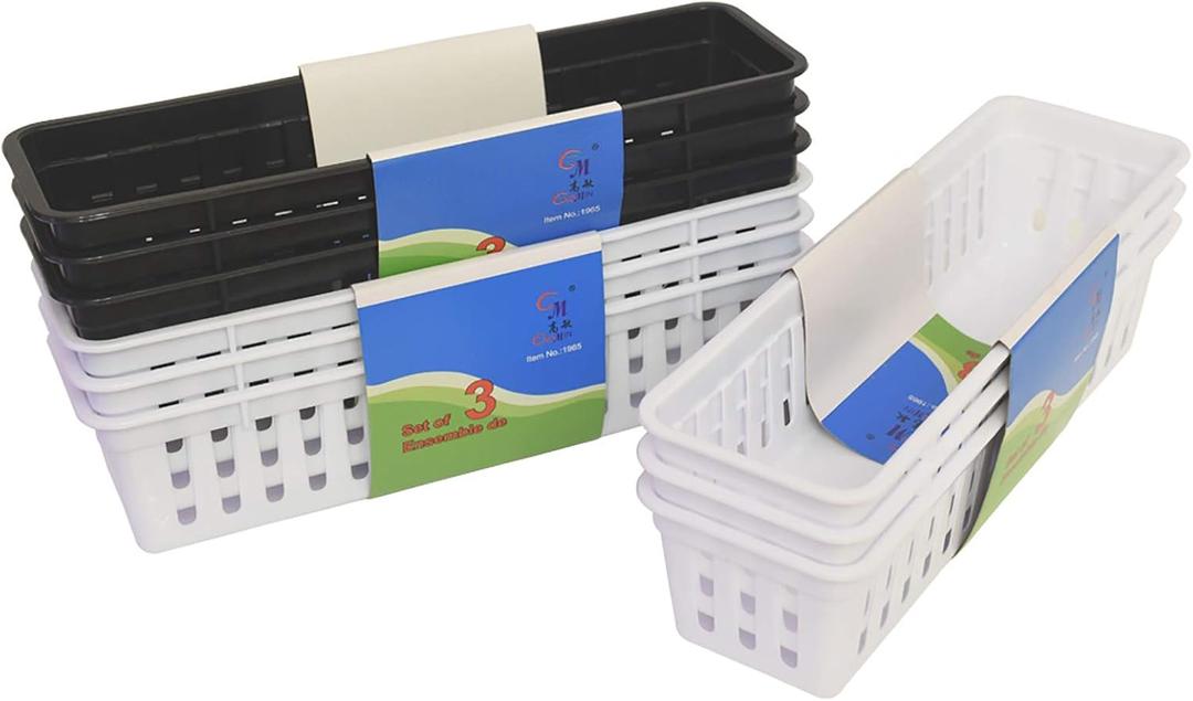 Slim Pencil Organizer Storage Container Color Pencil Marker Crayon Small Plastic Storage Basket Container Tray box for Office Classroom Home (Black and white 9 PCS, S)