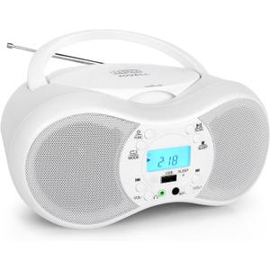 Boombox Portable CD Players for Home, Stereo Sound System for Kids Seniors, AC/ Battery Powered, Compatible with CDs/ CD-R/ CD-RW, Supports AUX Input/ USB Input/ Headphone, Sleep Timer (White)
