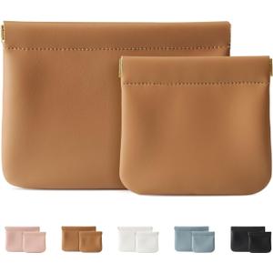 2 Pack Small Makeup Bag for Women, New Organosilicon Super Fiber PU Leather Mini Cosmetic Bag for Travel, Coin Purse Organizer Storage Pouch (Brown)