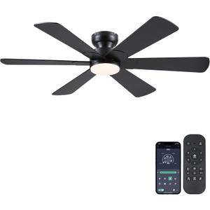 52 inch Ceiling Fans with Lights, Black Ceiling Fan with Remote APP, Dual-Sided Modern/Rustic 6 Blades, Reversible, 3CCT, Flush Mount Low Profile Ceiling Fan with Lights Bedroom Kitchen Indoor