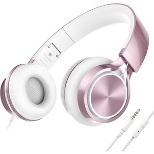 AILIHEN Wired Headphones with Mic, Girls Headphones for School, On-Ear Headsets for Chromebook Laptop Computer, Foldable Adjustable Teen Kids, Plug in Corded Headsets with 3.5mm Jack (Rose Gold) (Medium, Pink)