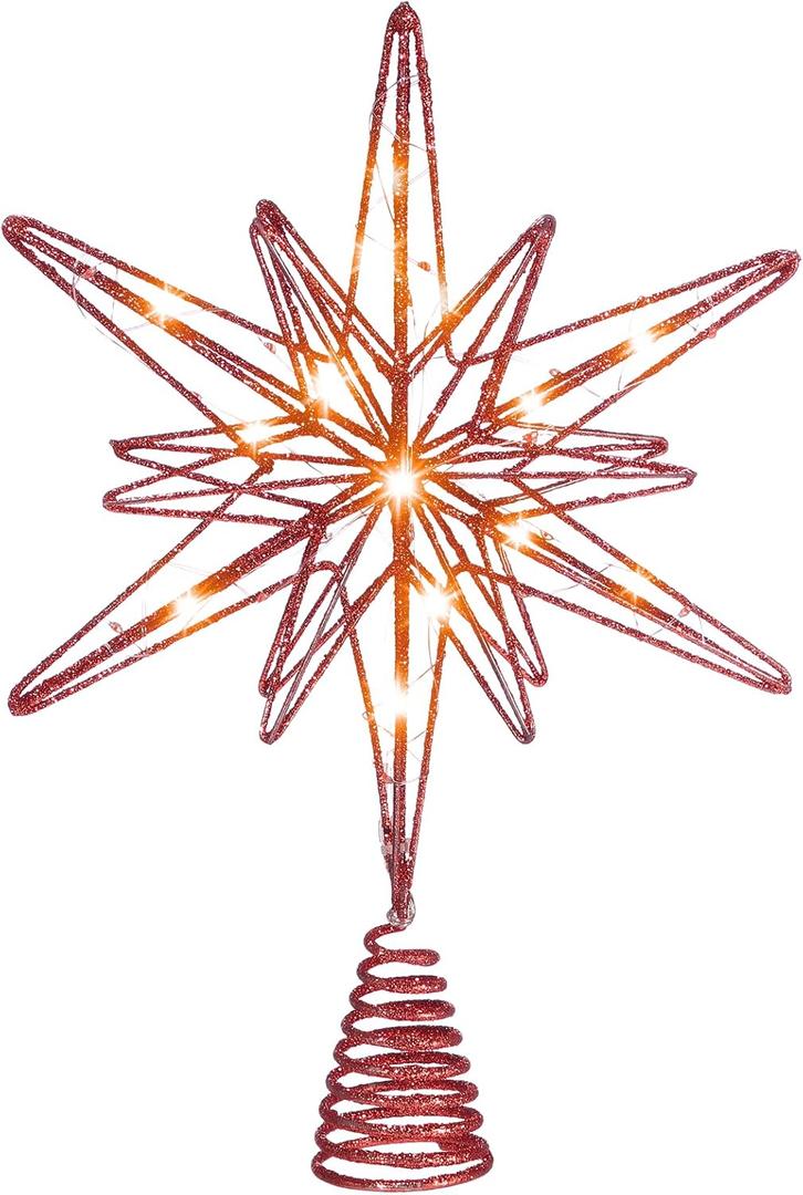 Large Christmas Star Tree Topper with 20 LED Lights, Glitter Star Tree Topper Sparkle Xmas Treetop Ornament for Christmas Trees Party Holiday Decorations(13 Inch,Red)