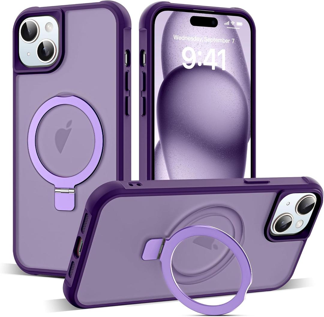 Compatible with iPhone 15 Case with Invisible Magnetic O-Ring Stand Military-Grade Translucent Case for iPhone 15 6.1" [Compatible with Mag-Safe][Great Grip Feeling], Purple