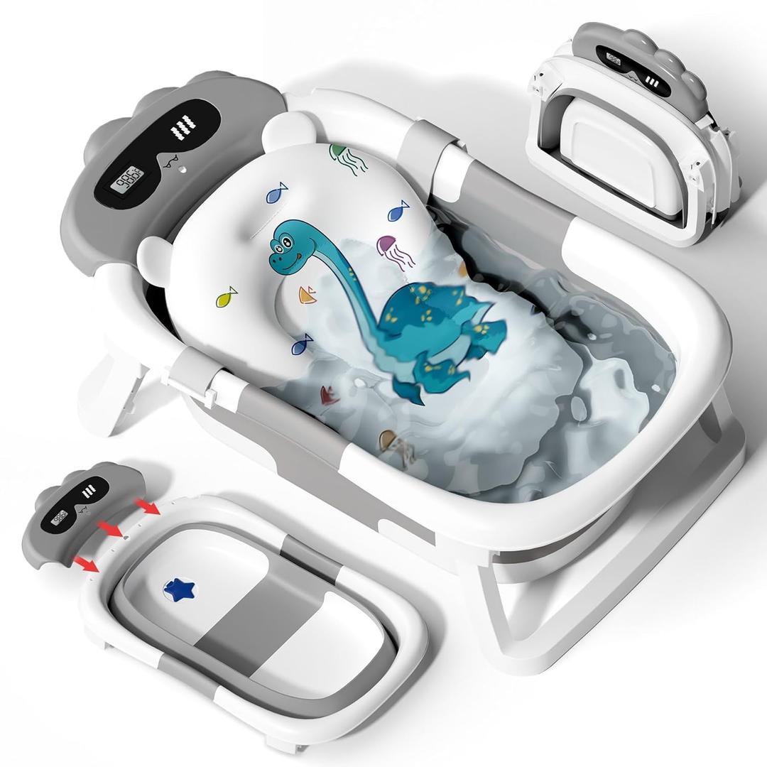 AVIDOR Baby Bathtub, Collapsible Bathtub for Newborn to Toddler, Durable Essential Infant Bath Tub, Portable Travel Baby Tub with Soft Bath Net, No-Slip Feet and Dinosaur Shaped (Grey)