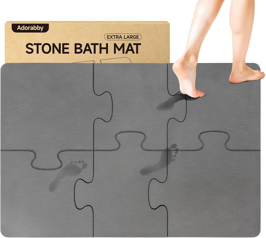 Extra Large Stone Bath Mat 35.4" x 23.6" Grey Diatomaceous Earth Bath Mat, Quick Dry Non-Slip Super Absorbent, Dish Drying & Bathtub Shower Rug for Bathroom & Home Floor