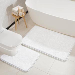 LOCHAS Bathroom Rugs Sets 2 Piece, Soft Non Slip Bath Mat Set, 20''x20'' U-Shaped Toilet Rug and 34''x21'' White Bath Rugs, Washable Absorbent Chenille Toilet Rug Set for Bathroom, Shower, Sink