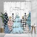 Merry Christmas Abstract Tree Shower Curtain 60Wx72L Buffalo Check Plaid Xmas Winter New Year Holiday Snowflake Pink Blue Bathroom Set Accessories Decor with 12 Pack Hooks