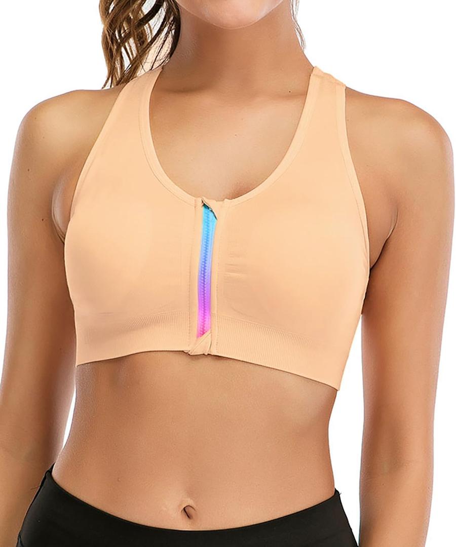 Womens Zip Front Sports Bra Wireless Post-Surgery Bra Racerback Yoga Sports Bras XL