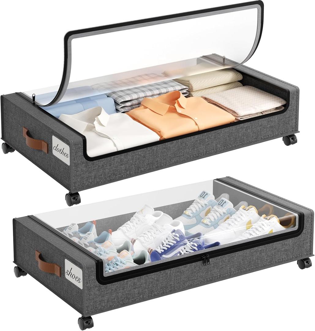 Yecaye Under Bed Storage with Wheels, 2 Pack Under the Bed Storage Containers with Lids & Label, XXL 60L Rolling Underbed Storage Drawers for Clothes, Blankets, Shoes, Hemp Gray