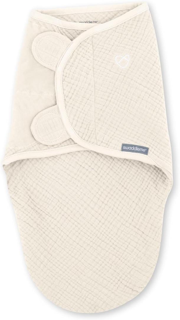 SwaddleMe by Ingenuity Muslin Original Swaddle, 100% Cotton, Size Small/Medium, for Ages 0-3 Months, 7-14 Pounds, Up to 26 Inches Long, 1.5 TOG - Cream