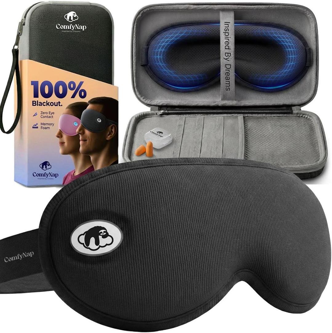 Eye Mask for Sleep with Ultimate Travel Case & Ear Plugs - DeepSpace Blackout Sleep Mask for Women Men, Side Sleeper Adjustable Eye Cover, Zero Eye Pressure, Memory Foam Eye Mask for Travel