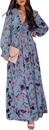 BLENCOT Womens Casual Boho Floral Deep V Neck Long Sleeve Maxi Dress | Long Ruched Party Maxi Wedding Dress; Flowy Comfortable Boho Dresses