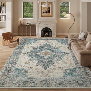 8x10 Blue Washable Area Rug for Living Room, Dining Room, Bedroom, Large Carpets, Non Slip & Non-Shedding Low Pile Vintage Print Rug for Home Office Decor