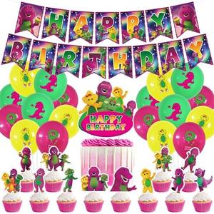 Hanjiejie Barney and Friends birthday party supplies,Barney party including cake caps,cupcake caps,flags,Latex Balloons,It is very suitable for boy's and girl themed birthday party supplies.