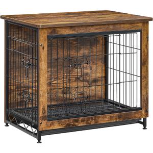 Feandrea Dog Crate Furniture, 27.2" Side End Table, Modern Kennel for Dogs Indoor up to 30 lb, Heavy-Duty Dog Cage with Multi-Purpose Removable Tray, Double-Door Dog House, Rustic Brown UPFC001X01