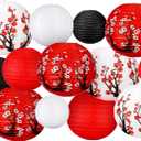 13 Pcs Chinese Japanese Paper Lantern Red Cherry Blossom Decorative Hanging Lantern Hibachi Party Decorations for Chinese New Year Home Restaurant Wedding Decor(Dark Color)