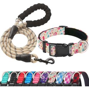 Reflective Dog Collar Padded with Soft Neoprene Breathable Adjustable Nylon Dog Collars for Small Medium Large Dogs (Large (Pack of 1), Vanila/Pink Floral Collar+Leash)