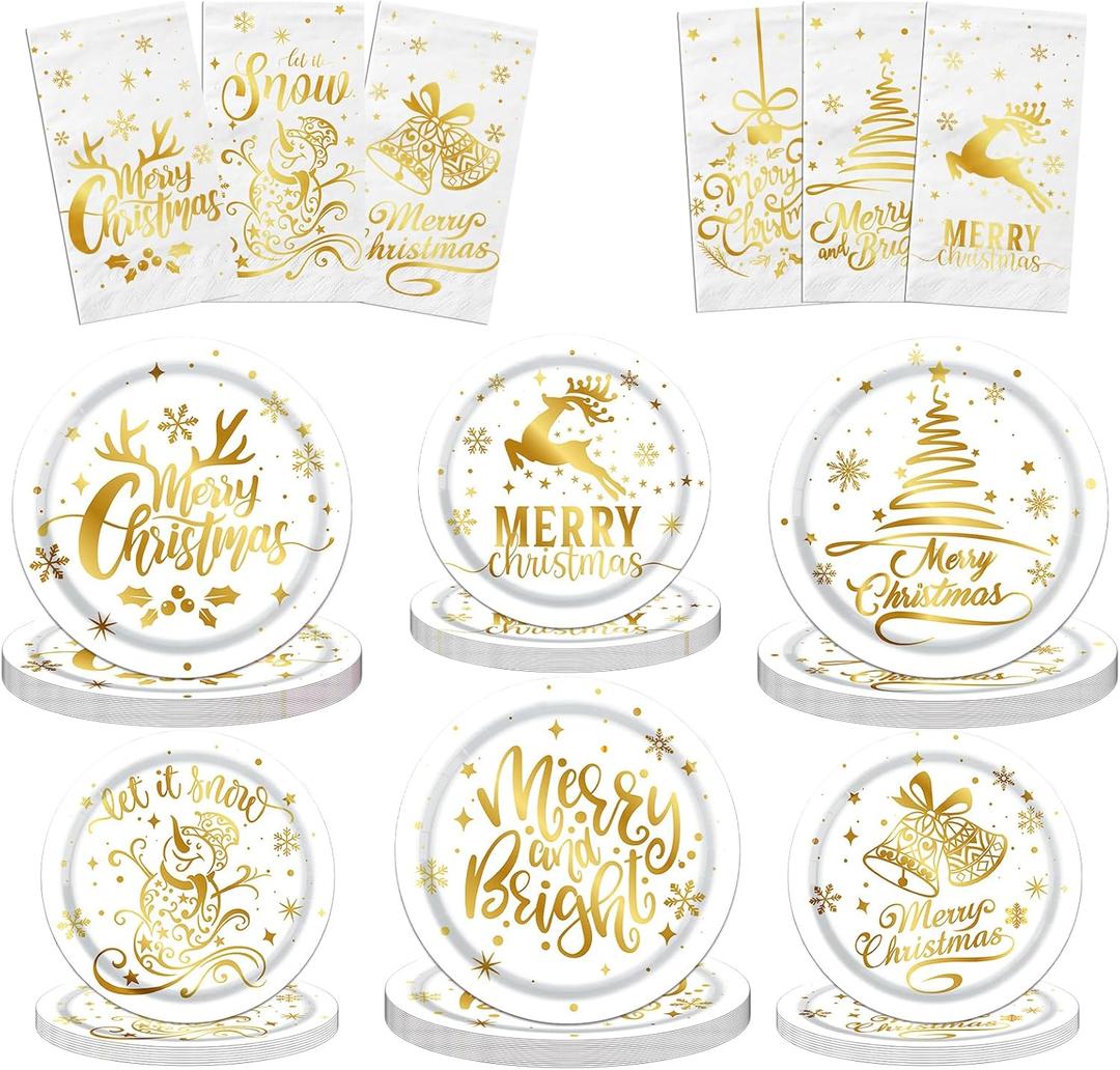 Lenyunge Merry Christmas Tableware - 62pcs White and Gold Plates and Napkins for Winter Holiday Decoration