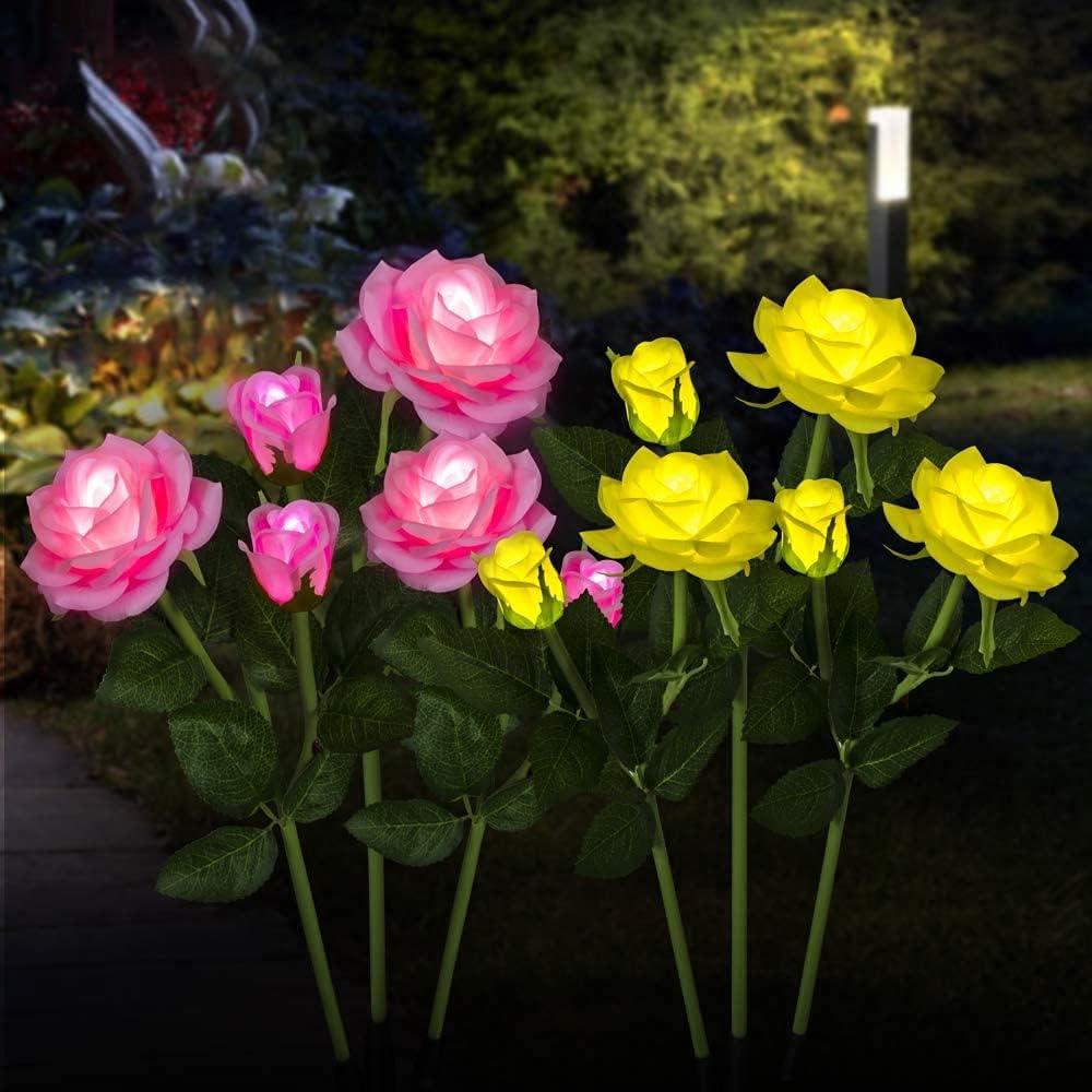 Outdoor Solar Garden Rose Stake Lights [Set of 6] Flower Path Solar Light with 12 Rose Flowers, Garden Decor Pathway Landscape Lighting Lights for Patio Yard Decoration(Yellow and Pink)