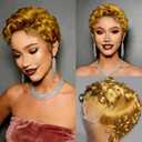 Honey Blonde #27 Short Curly 13X4 Lace Front Pixie Cut Wigs 100% Human Hair for Black Women, Honey Blonde Curly Deep Wave 13x4 Lace Front Glueless Wig Finger Wavy Natural Look Daily Wear Mommy Wig