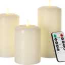 ANGELLOONG Flameless Pillar Candles with Remote, Real Wax LED Candles with Timer, Set of 3 Battery Operated Electric Candle Flickering for Party Home Living Room Decor (Ivory White(Concave top))