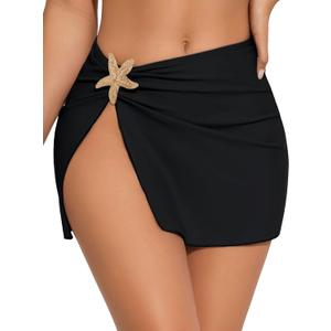 Women's Swimsuit Cover Up Skirts High Slit Swim Beach Sarong Bathing Suit Wrap Skirt with Sartfish (Black, S)