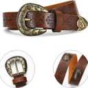 Western Cowgirl Belts for Women Brown Leather Belt for Jeans with Vintage Country Cowboy Buckle