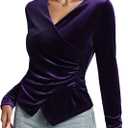 Women's Velvet Wrap Top, Wrap V Neck Ruched Asymmetrical Long Sleeve Slim Fit Dressy Blouse (Large, Purple)