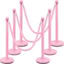Ferraycle 6 Pcs Stainless Steel Stanchions Post Queue 38 Inch, 5 ft Velvet Rope Carpet Ropes and Pole, Control Barriers for Wedding Birthday Party Decoration Sand Injection Hollow Base Set (Pink)