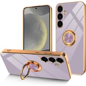 Dinick Purple for Samsung Galaxy S24+ Case with Ring Holder Kickstand [with Magnetic] Soft TPU Bumper, Glitter Gold Electroplated Cover Slim Thin Protective Phone Case for Galaxy S24 Plus