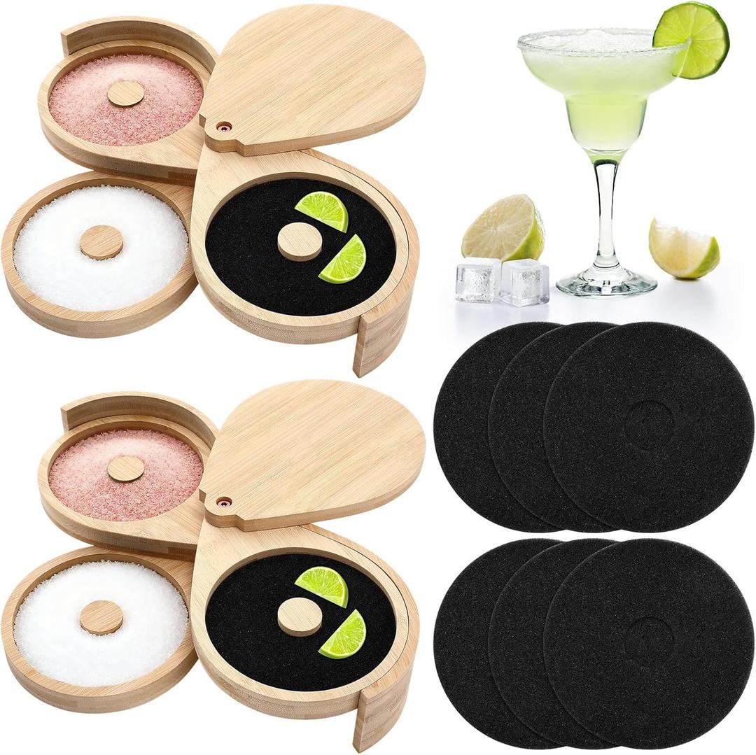 LemonRoad 2 Pack 3 Tier Margarita Salt Rimmer Set Bamboo Cocktail Rimmer Set with Sponge Sugar Salt Lime Glass Rimming with 3 Swing out Trays for Margarita and Cocktail Making Kit