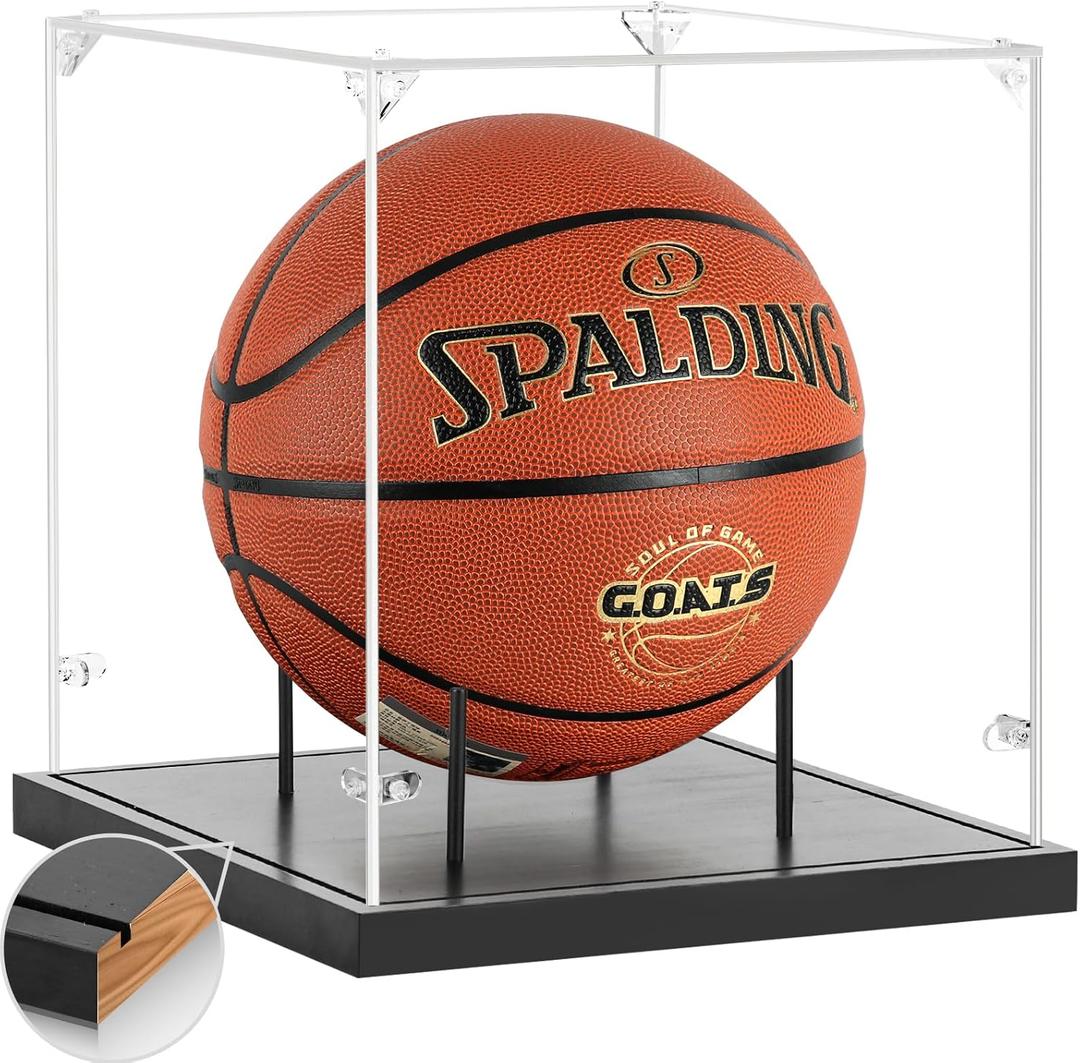 Basketball Display Case Acrylic Clear, UV Protected Basketball Box with Solid Wood Base & Full Size Soccer Display Stand for NBA WNBA Ball Memorabilia Keepsake, Ideal Gift, Black