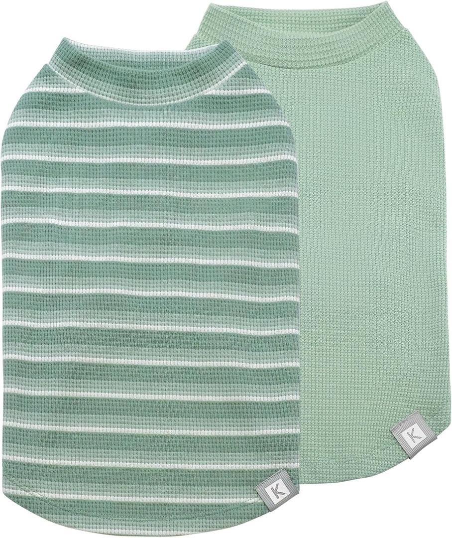 KYEESE 2Pack Waffle Dog Shirts, Lightweight Sleeveless Dog T Shirts for Small Dogs Boy Girl, Breathable Pet Vest Comfortable Tank Top Soft Dogs Clothes for Daily Wear, Green+Striped, L