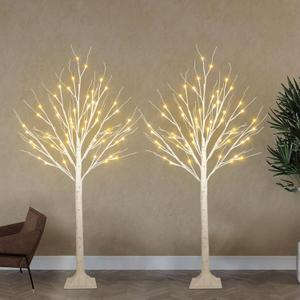 2-Pack 4FT Lighted Birch Tree for Indoor Christmas Decorations Outdoor, Higher Size, Timer Function Birch Christmas Tree with 96 LED Warm White Lights for Home Decor Bedroom Thanksgiving Party Garden