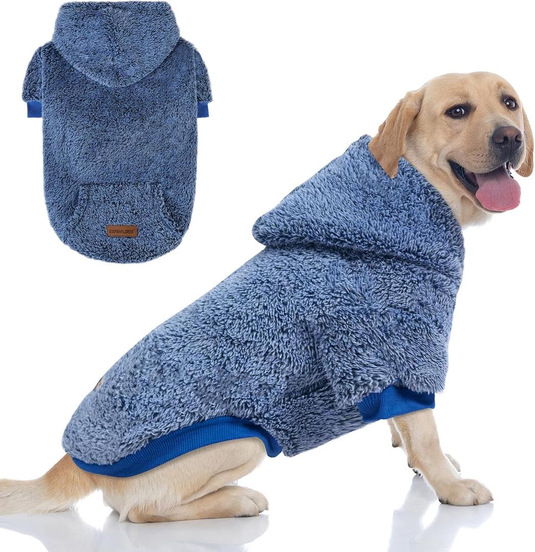 EXPAWLORER Fuzzy Dog Sweaters, Double-Sided Plush Fleece Soft Doggie Hoodie with Leash Hole, Pet Cold Weather Clothes Winter Coat, Sherpa Hooded Sweatshirt for Small Medium Large Dogs (Blue, XL)