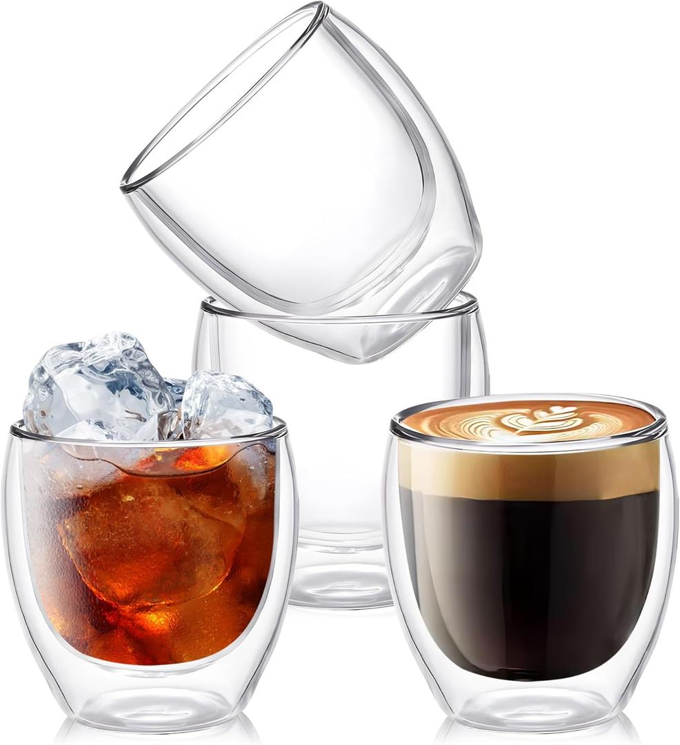 Set of 4 Double Walled Glass Coffee Mugs 8 Ounces Insulated Layer Coffee Cups Borosilicate Glass Espresso Cup for Hot Beverage,Cappuccino,Tea,Latte, Microwave Safe
