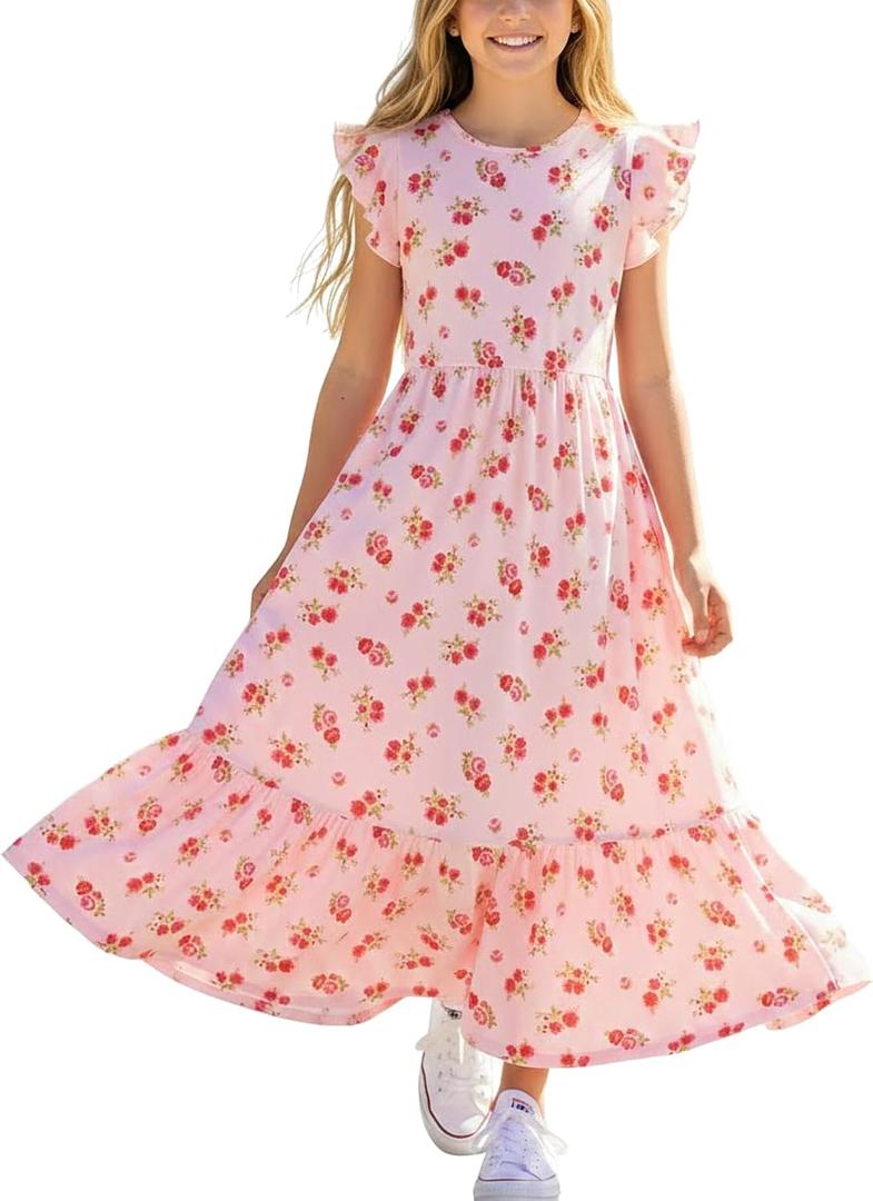 PATPAT Girls Summer Dress for Kids Maxi Tween Girl Teen Floral Casual Short Sleeve Long Dresses with Pockets 5-14 Years (Pink, S)